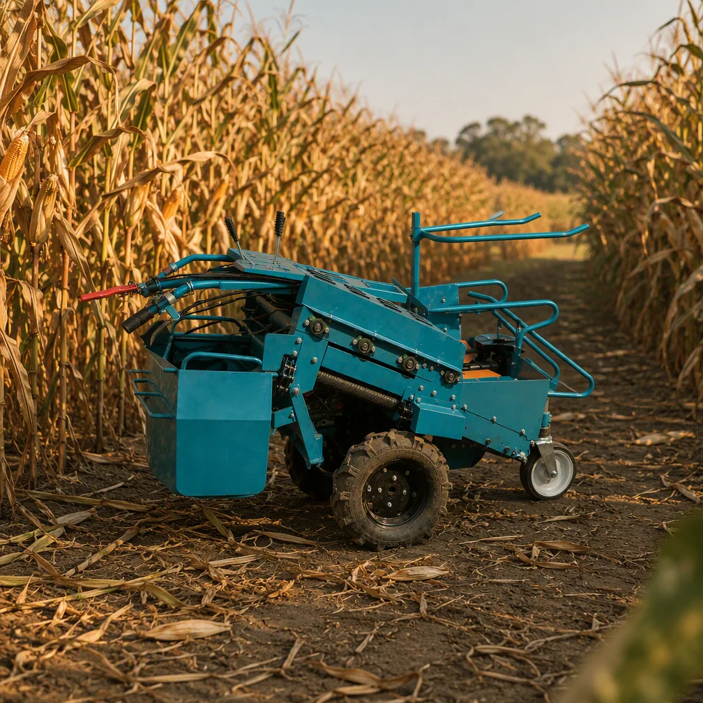 Walk-behind mini corn harvester working between rows of standing maize on a smallholder farm