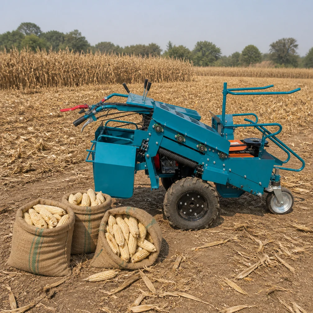 Three woven bags of freshly picked corn ears beside the mini corn harvester at the field edge